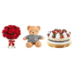 Gift Set ROMANTIC COMBO with red bouquet roses, cake and bear